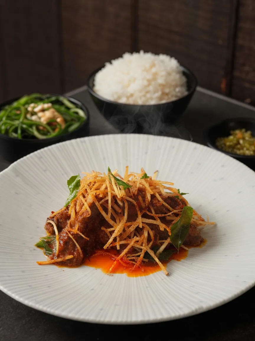 Beef rendang with coconut pandan rice at Eddy + Wolff, Robina